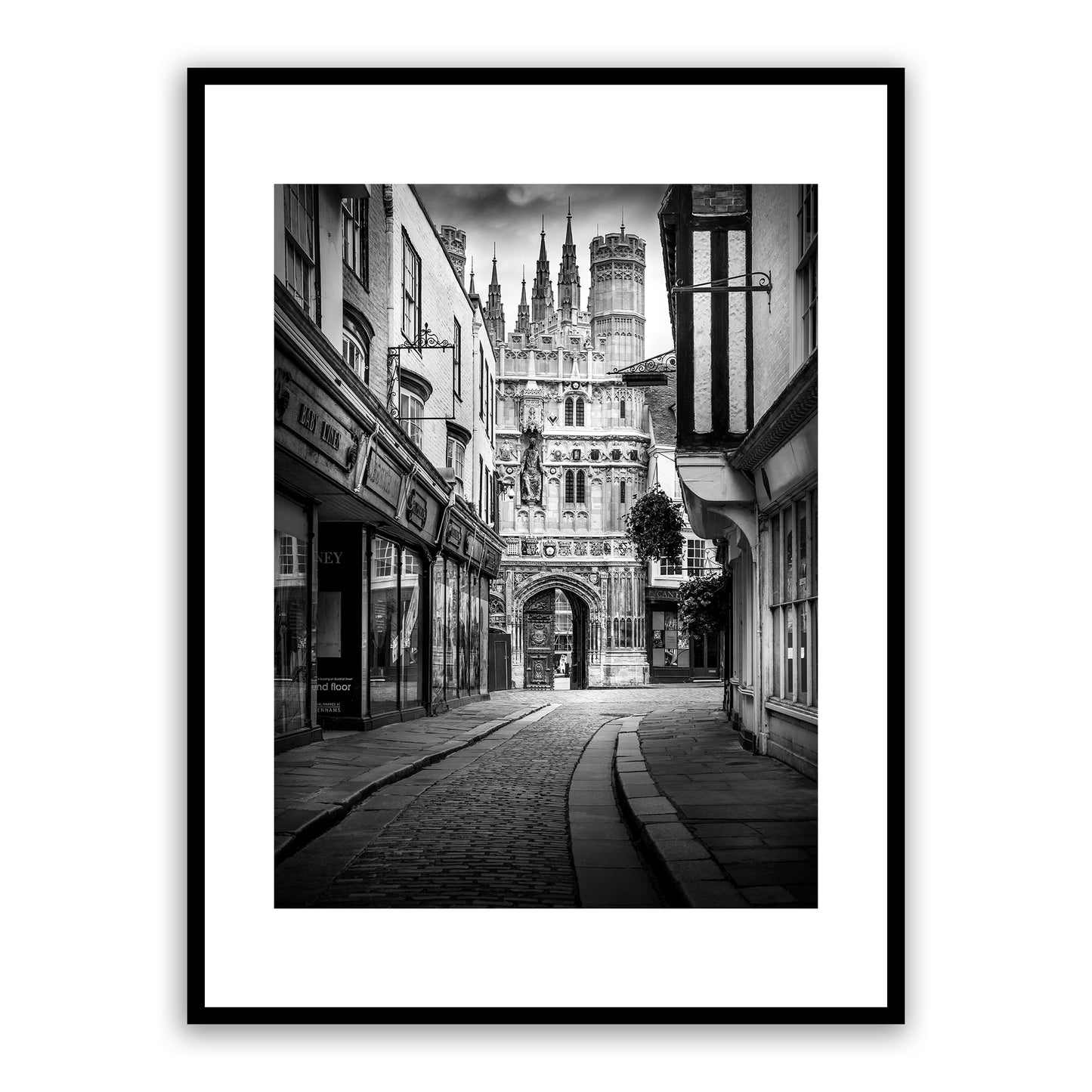 Christchurch Gate, Christ, Church, Gate, Canterbury, Kent, Cathedral, Precinct, England, English, Heritage, Medieval, Mercery, Lane, Mercery Lane, Cobbled, Street, Cobble, Stones. Fine art black and white photography print.