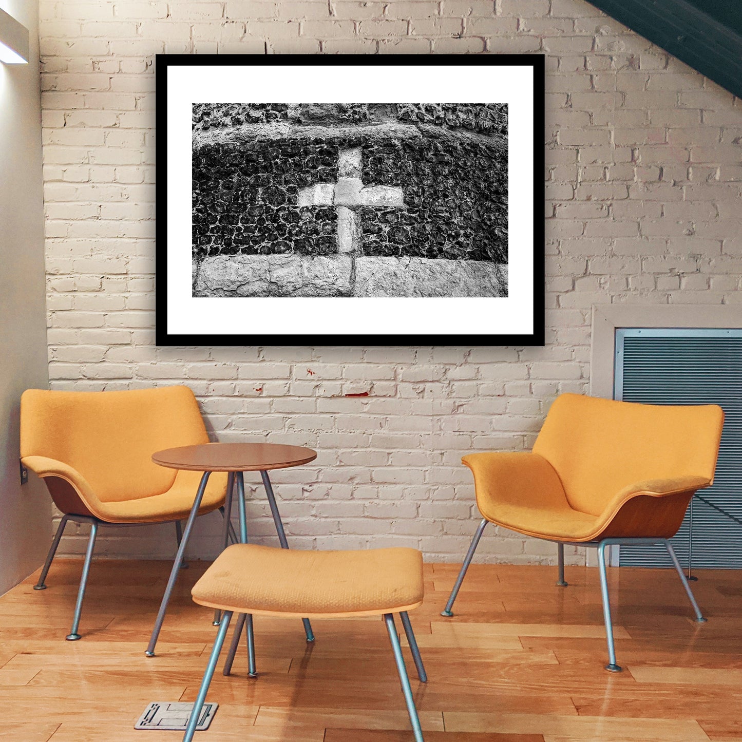 Close up section of a cross on Canterbury's ancient city wall, built by the Romans around 270 to 280 AD. Canterbury's city wall is considered one of the most magnificent in Britain. Fine art black and white photography print for sale.
