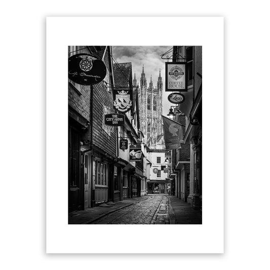 Butchery Lane, Canterbury, Kent, England. Medieval street. Canterbury Cathedral in view. Fine art black and white photography print for sale.