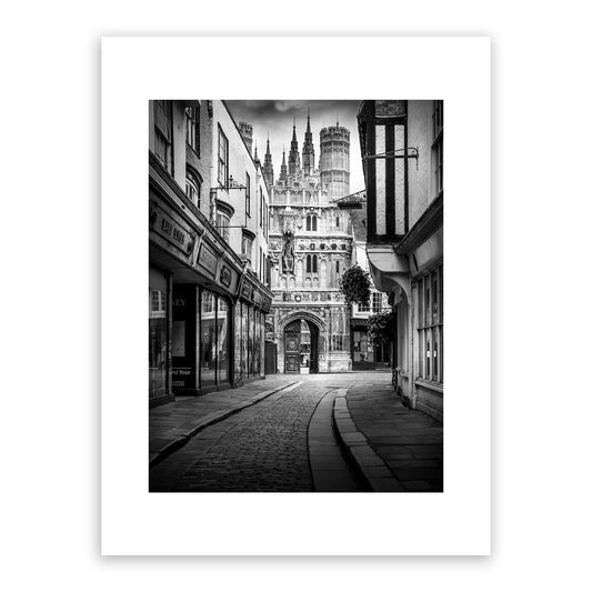 Christchurch Gate, Christ, Church, Gate, Canterbury, Kent, Cathedral, Precinct, England, English, Heritage, Medieval, Mercery, Lane, Mercery Lane, Cobbled, Street, Cobble, Stones. Fine art black and white photography print.