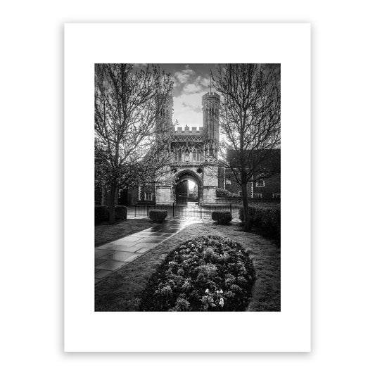 Fyndon Gate, Lady Wootton’s Green, Canterbury, Kent, England. Original gatehouse to St. Augustine’s Abbey. Built in 1301-09. One of Canterbury’s finest old buildings. Fine art black and white photograph for sale.