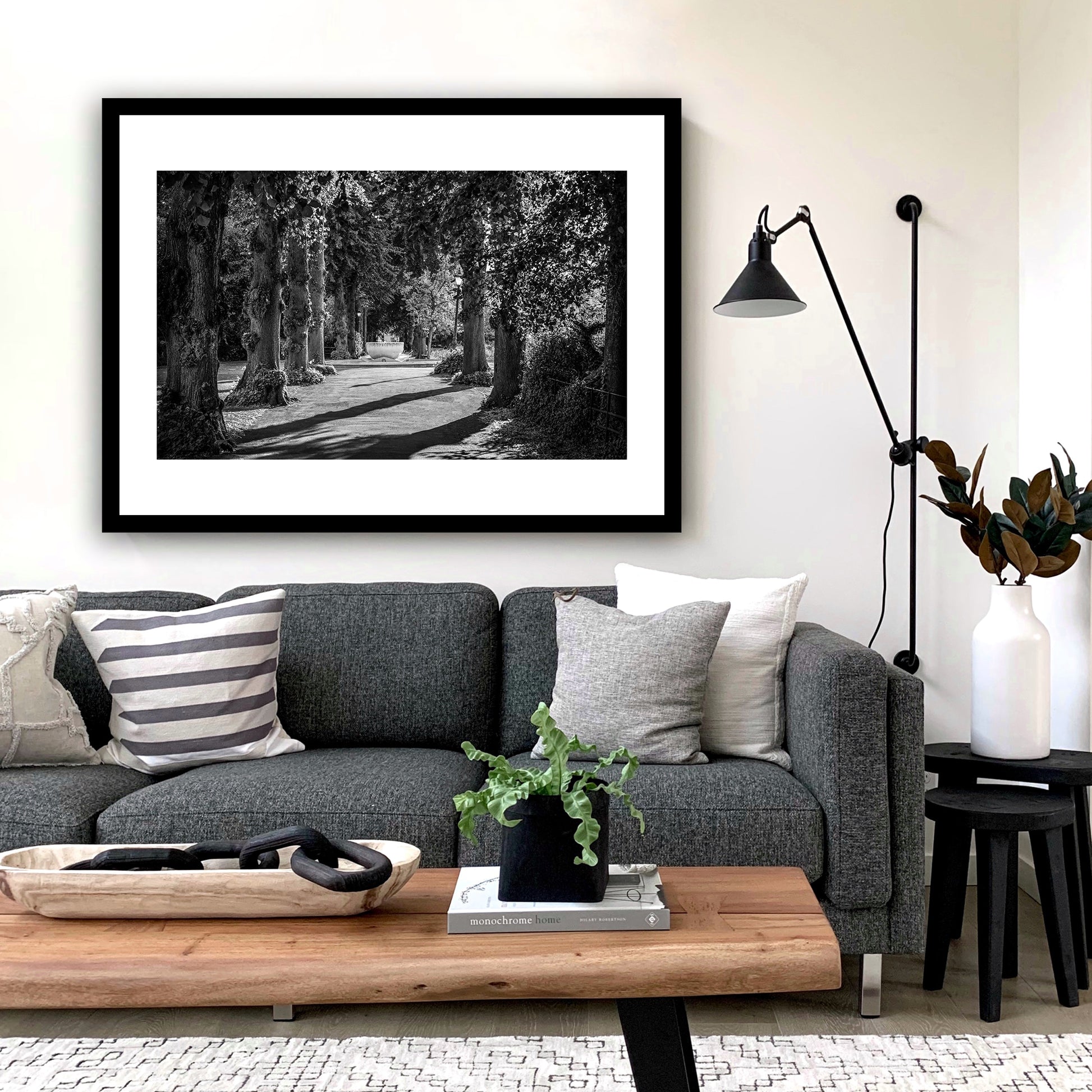 Dane John Gardens, fountain, trees, path, Canterbury. Fine art black and white photography print for sale.