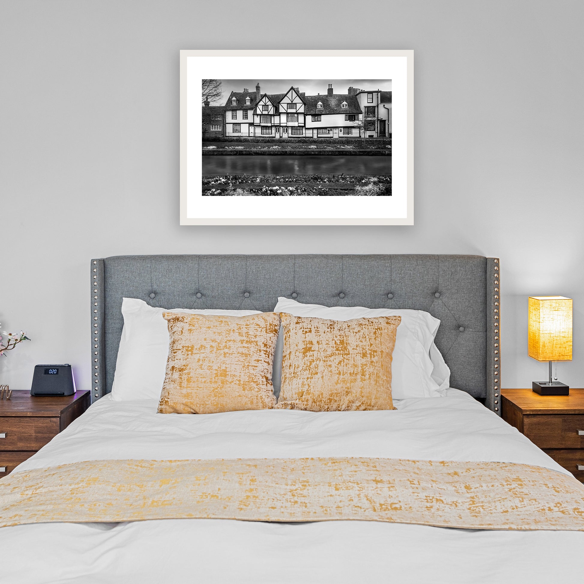 Westgate Grove on the Stour. Traditional 16th century row of houses on the banks of the river Stour seen from the beautiful Westgate Gardens, Canterbury, Kent, England. Fine art black and white photograph print for sale.